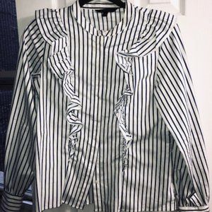 Banana Republic Navy/White Striped Ruffle Shirt